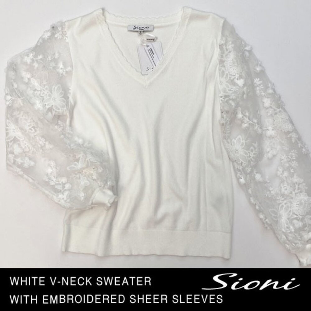 NWT White V-Neck Sweater With Embroidered Sheer Sleeves Size S
